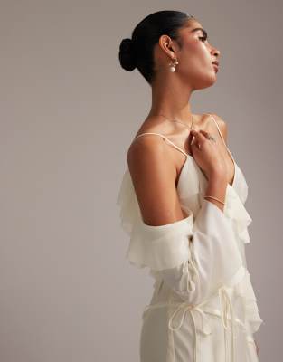 Asos Design Satin Chiffon Mix Ruffle Cold Shoulder Maxi Dress In White