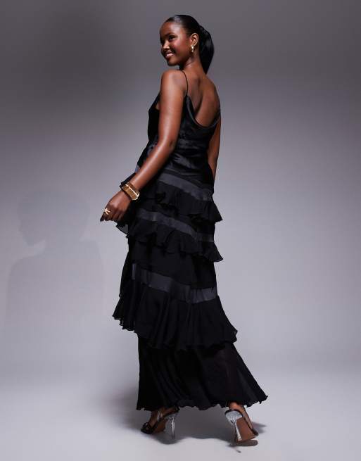 ASOS DESIGN satin chiffon mix ruffle hem maxi dress in black