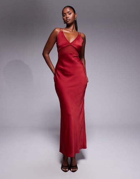 ASOS DESIGN satin/chiffon mix sheer bodice cami maxi dress in cherry red - view 1