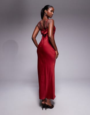Asos Design Satin/chiffon Mix Sheer Bodice Cami Maxi Dress In Red