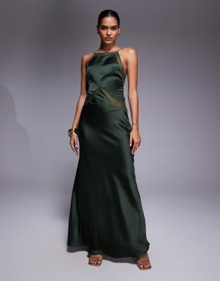 Asos Design Satin Chiffon Mix Square High Neck Maxi Dress In Green