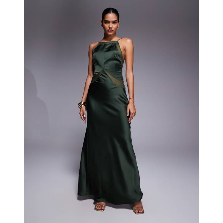 ASOS DESIGN satin chiffon mix square high neck maxi dress in dark green |  ASOS