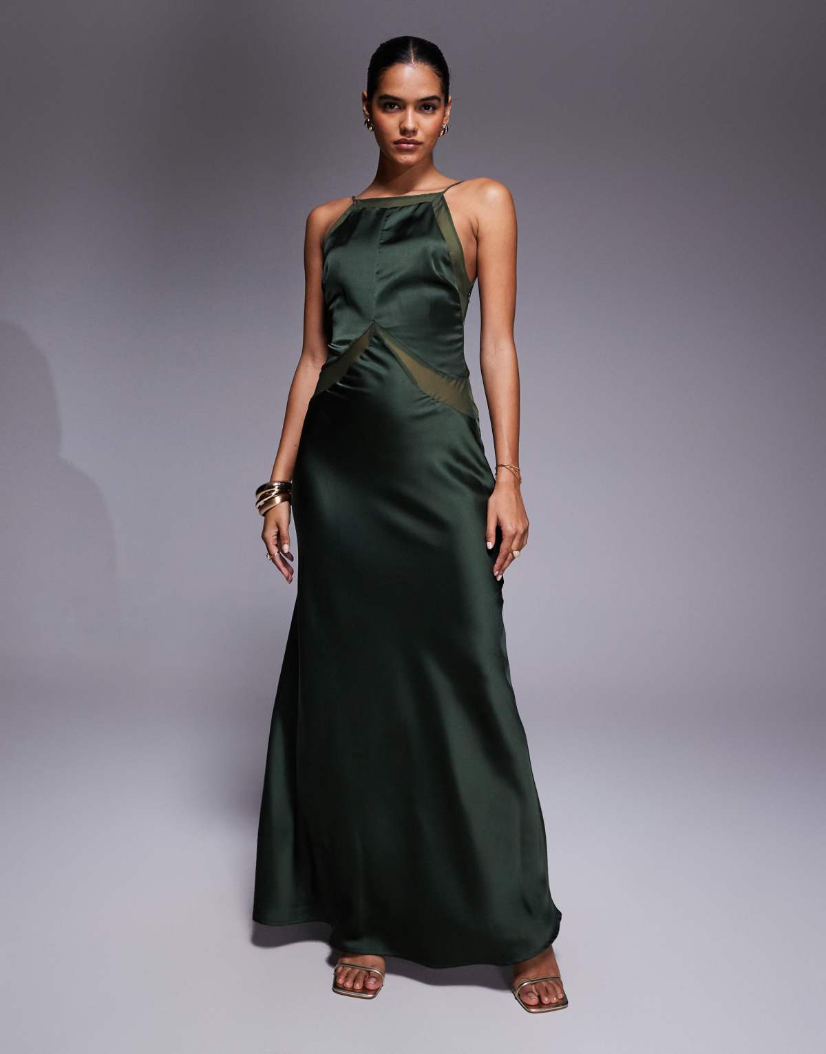 ASOS DESIGN satin chiffon mix square high neck maxi dress in dark green