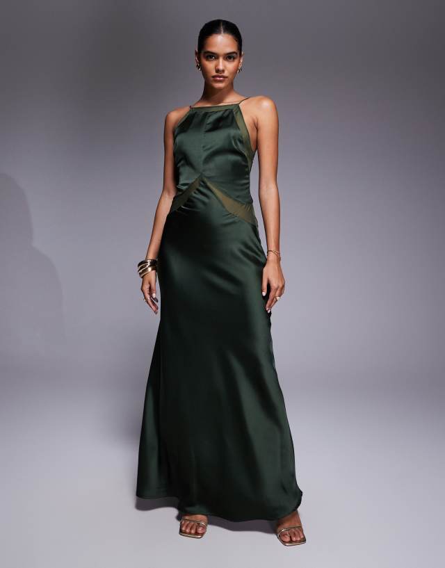 dark green formal maxi dress ASOS Design Satin Chiffon Mix Square High Neck in Size:US9.5 / UK8.5 / EU43 DressStyleLabel: Sweater forest green wedding guest dress Elegant Mermaid Style Prom like magnitude the moment