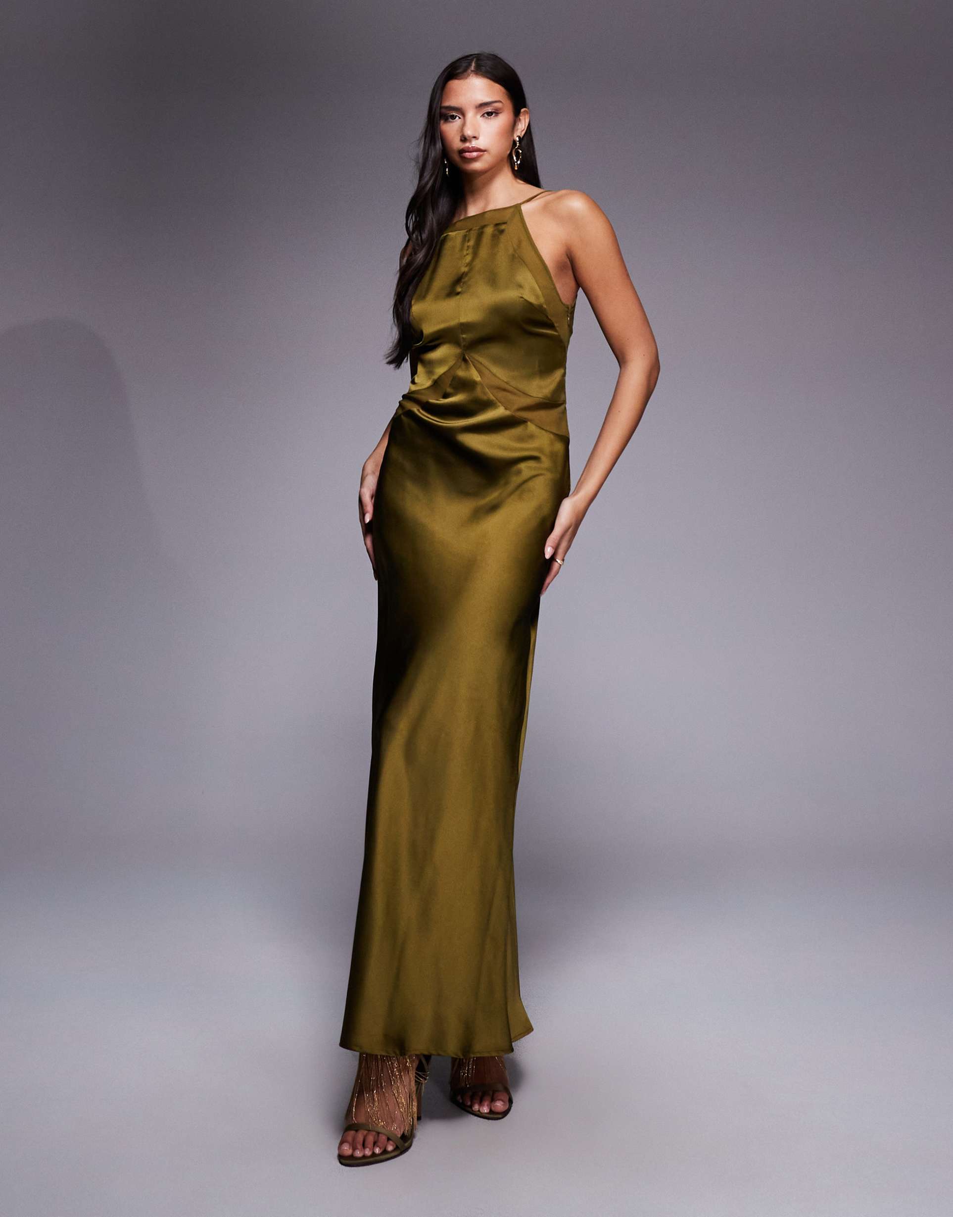 asos design satin chiffon mix square high neck maxi dress in dark olive