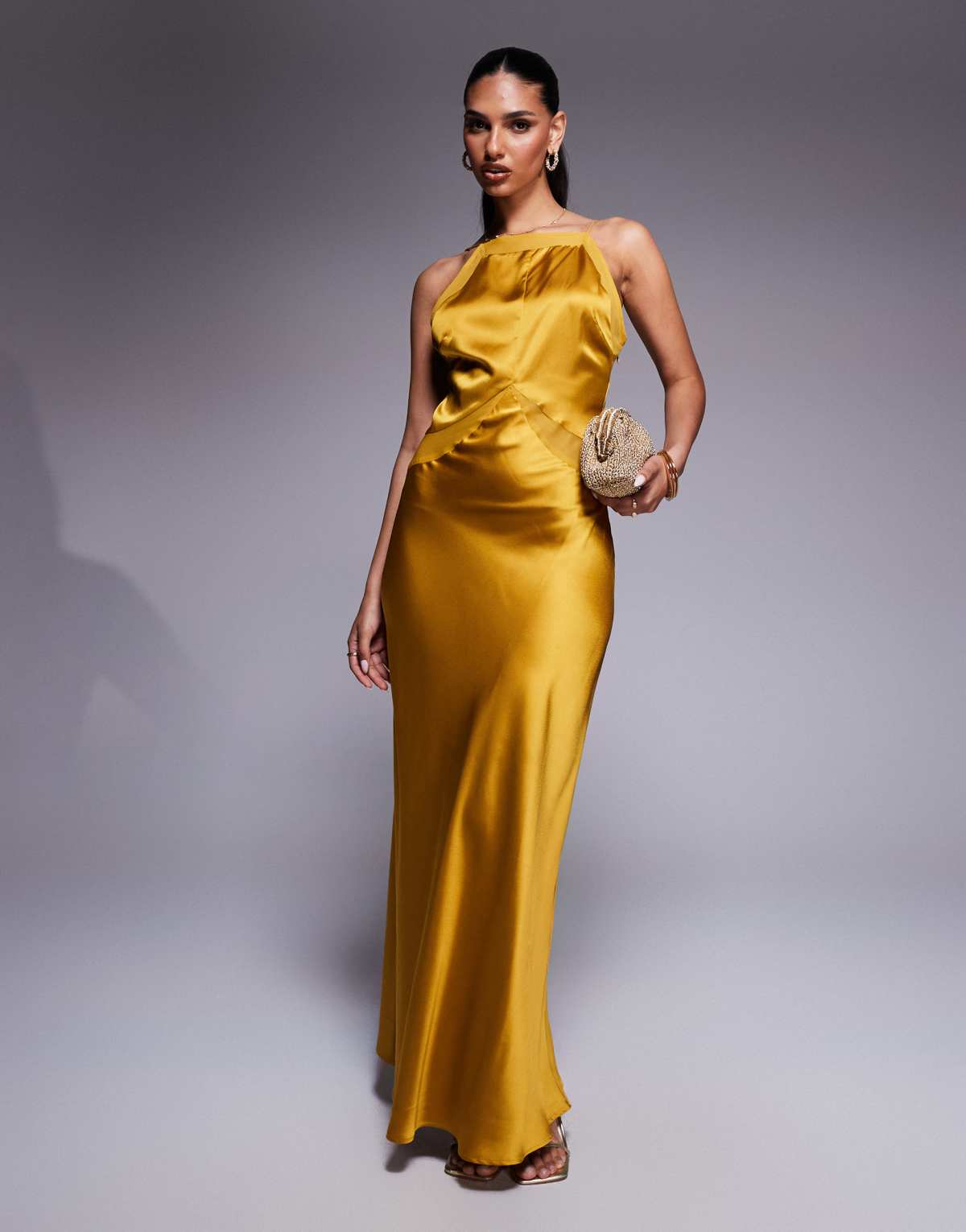 ASOS DESIGN satin chiffon mix square high neck maxi dress in gold