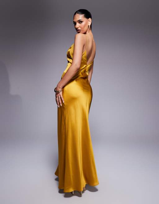 ASOS DESIGN satin chiffon mix square high neck maxi dress in gold