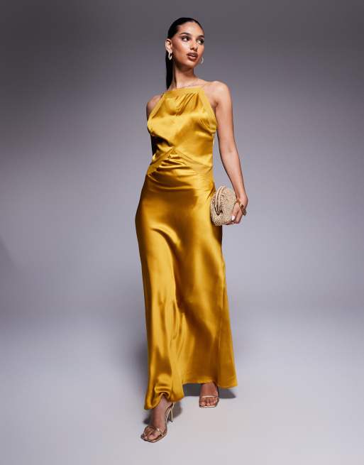 ASOS DESIGN satin chiffon mix square high neck maxi dress in gold