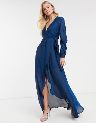 Asos Design Satin Chiffon Wrap Maxi Dress With Tie Detail And Drape Sleeve-blue In Blue