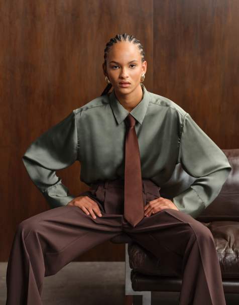 ASOS DESIGN satin cinch oversized shirt with contrast tie in olive - view 1