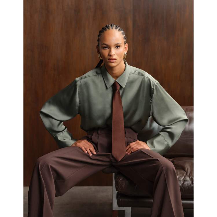 open lace back dress Spread Collar Dress Shirt in Olive/Sky Stripe Poplin main image 0
