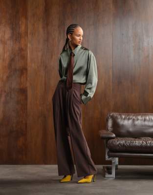 Asos Design Satin Cinch Oversized Shirt With Contrast Tie In Green
