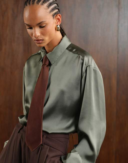 ASOS DESIGN satin cinch oversized shirt with contrast tie in olive