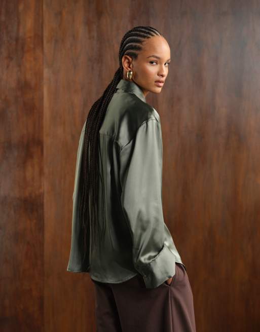 ASOS DESIGN satin cinch oversized shirt with contrast tie in olive