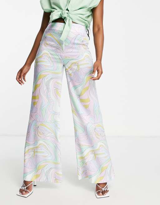 ASOS DESIGN satin clean flare pants in paisley print