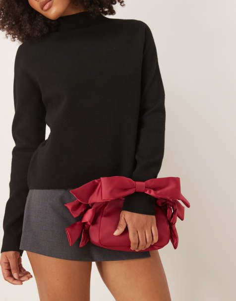 ASOS DESIGN satin clutch bag with bow detailing in red - view 1