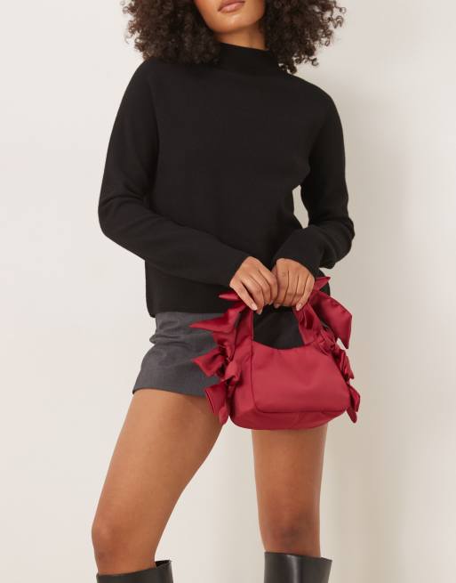 ASOS DESIGN satin clutch bag with bow detailing in red, 3 of 4