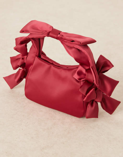 ASOS DESIGN satin clutch bag with bow detailing in red, 4 of 4
