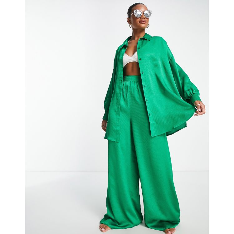 ASOS DESIGN satin co ord beach shirt in green