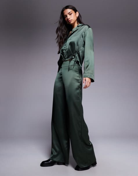 ASOS DESIGN satin co-ord wide leg trouser in khaki - view 1
