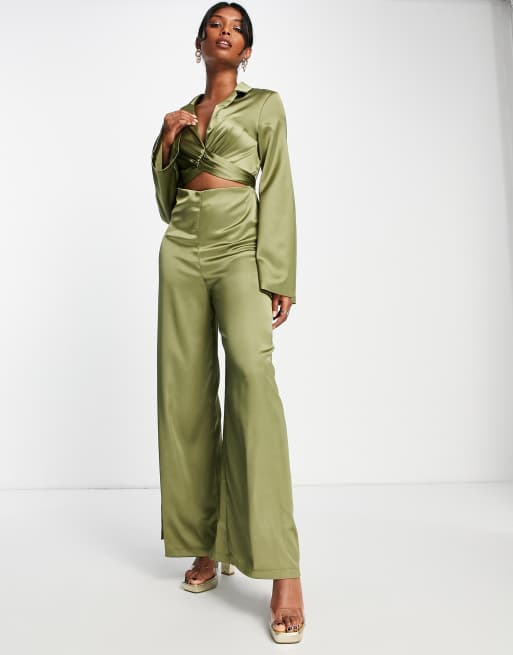 ASOS DESIGN satin collar wrap jumpsuit in olive green