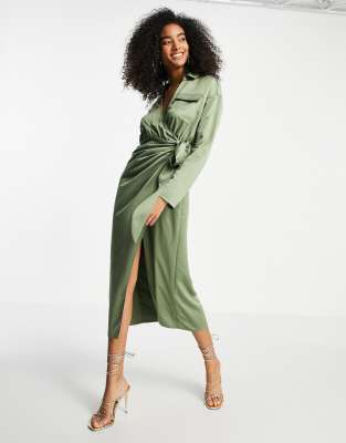 ASOS DESIGN satin collared wrap midi shirt dress in khaki | ASOS