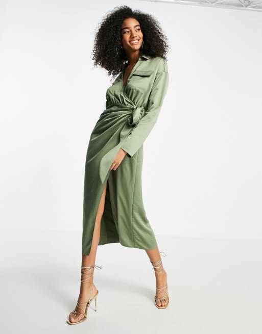 Khaki Silky Shirt Dress