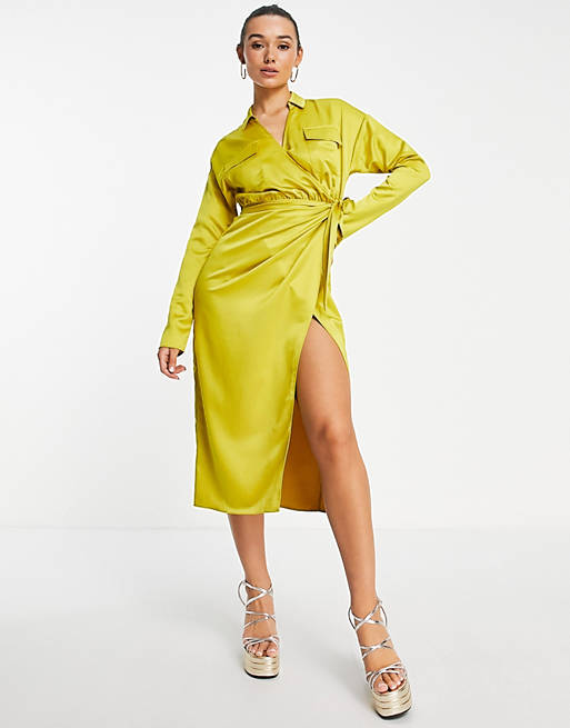 Women satin collared wrap midi shirt dress in mustard 