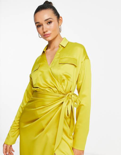 ASOS DESIGN satin collared wrap midi shirt dress in mustard ASOS