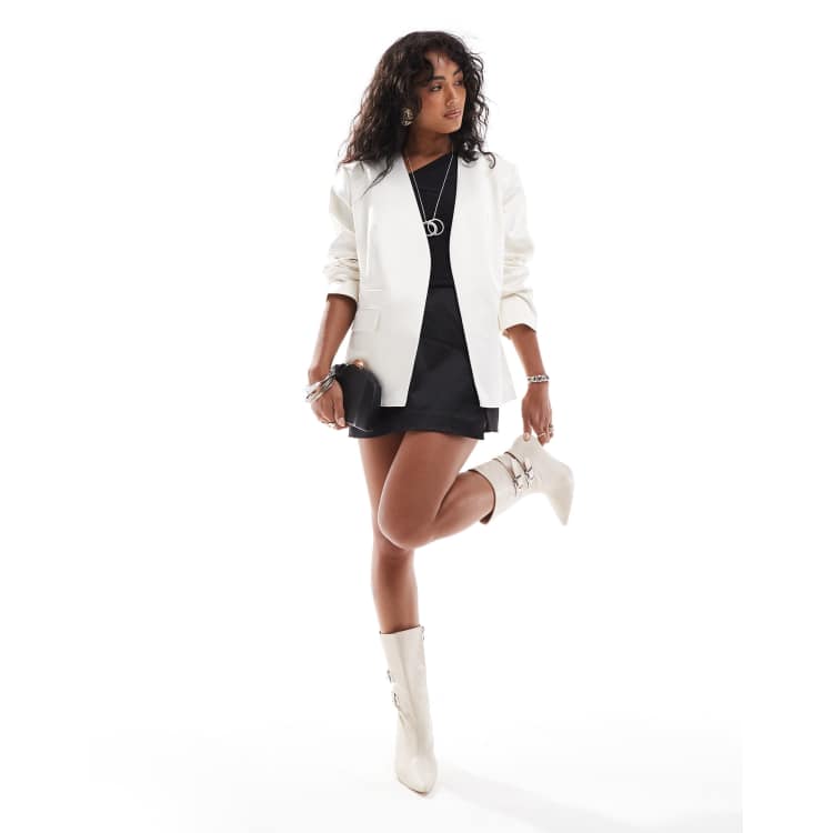 ASOS DESIGN satin collarless blazer in cream ASOS