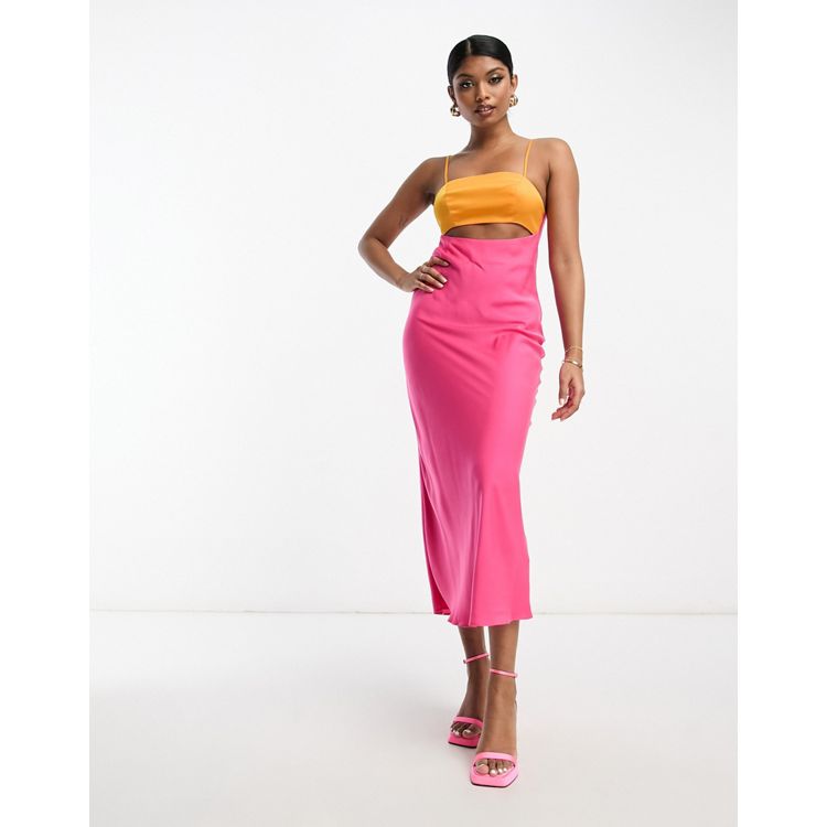 ASOS DESIGN satin color block midaxi dress with cut out in pink