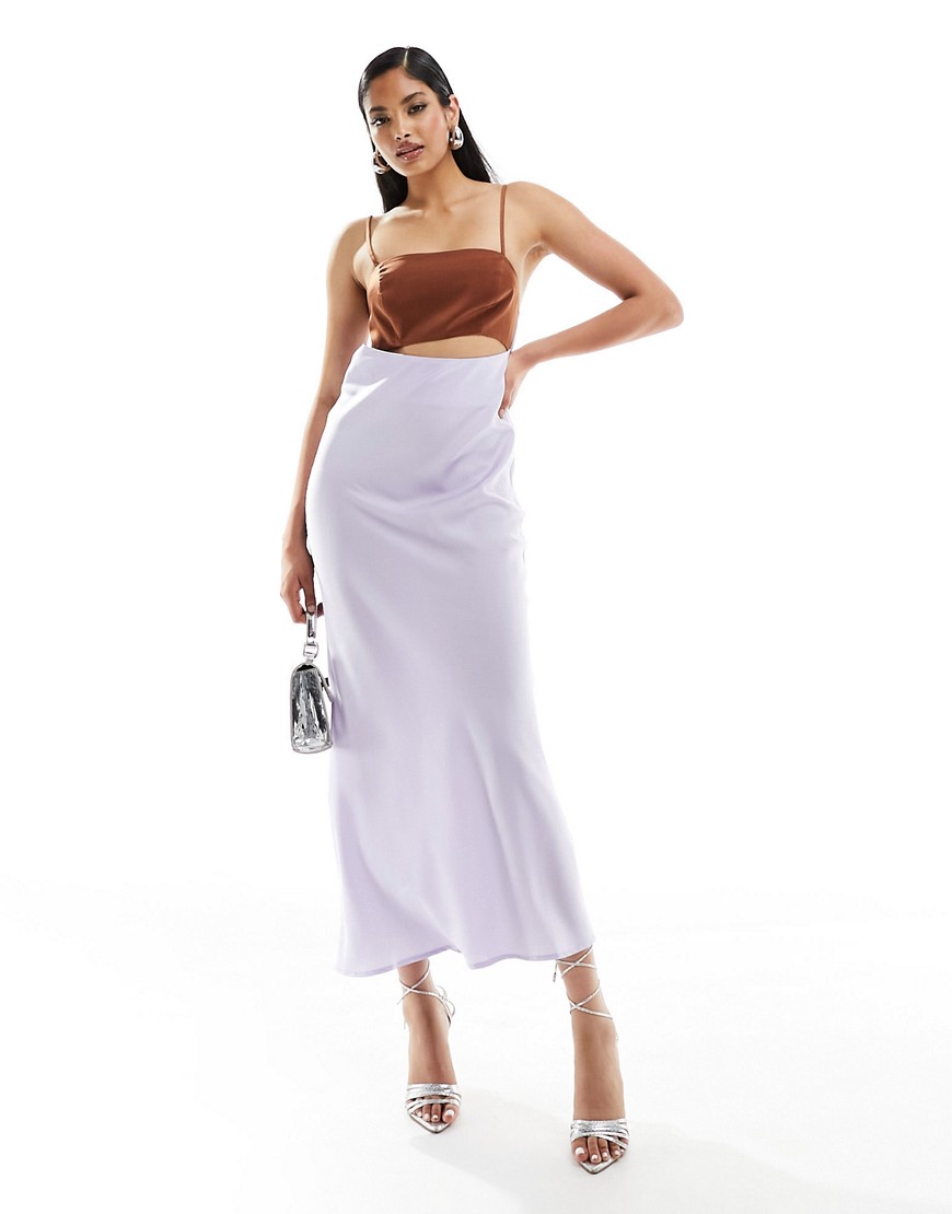 Asos Design Satin Color Block Midi Dress With Cut Out In Lilac With Chocolate Bodice-purple