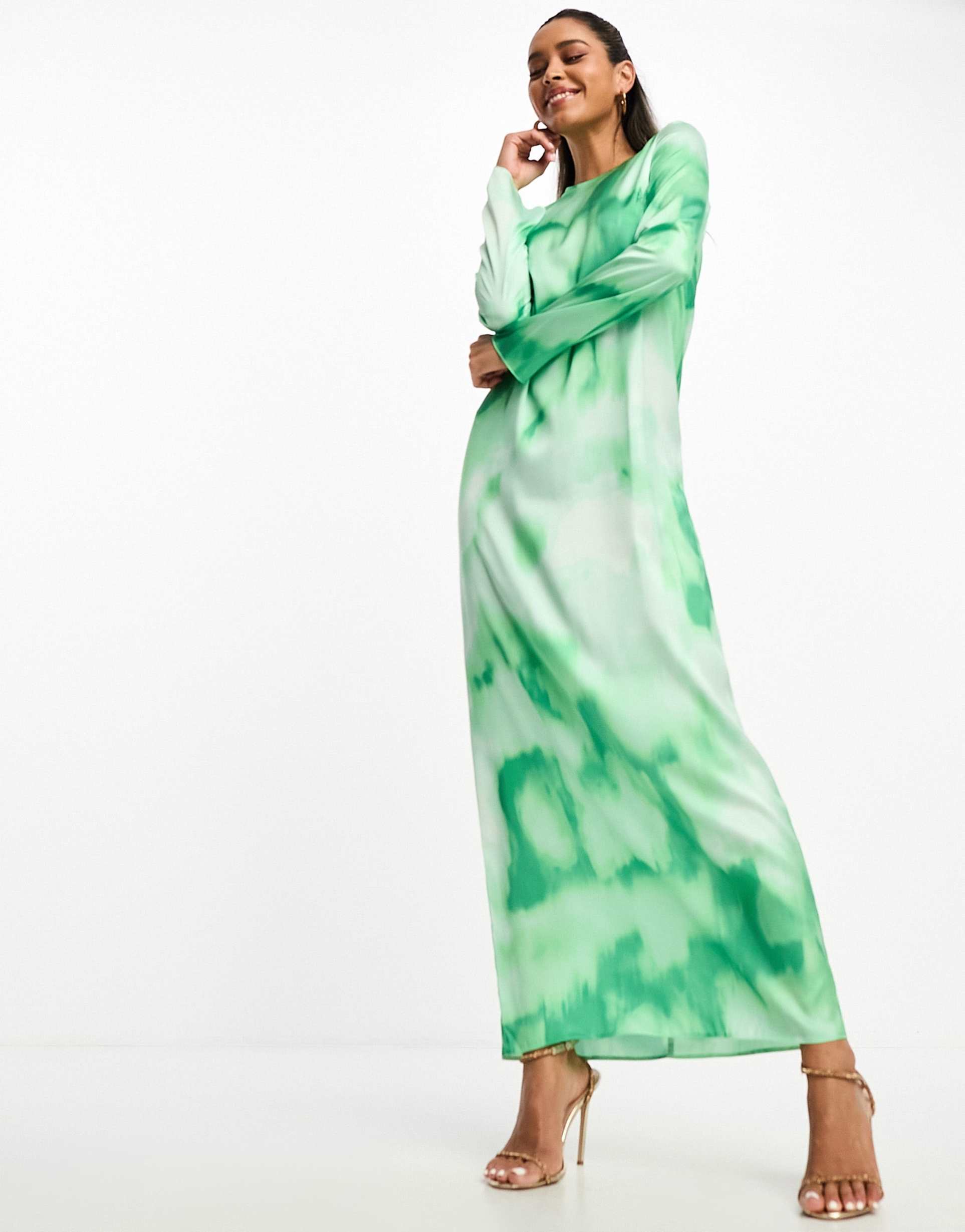 asos design satin column maxi dress in green marble print