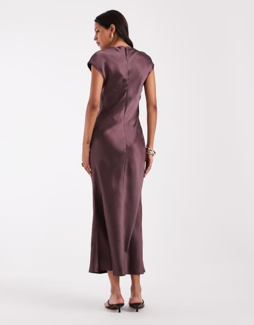 ASOS DESIGN satin column maxi dress with cap sleeves in chocolate brown, 4 of 4