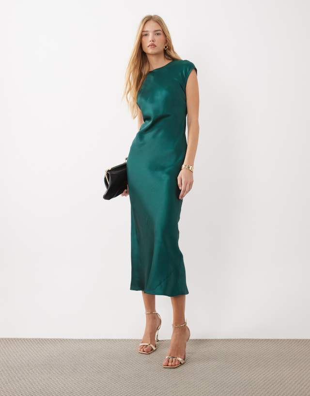ASOS DESIGN satin column maxi dress with cap sleeves in dark green