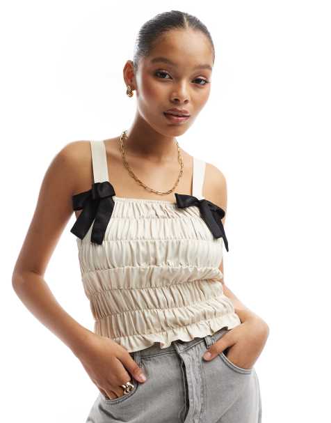 ASOS DESIGN satin contrast bow detail cami top in ivory - view 1