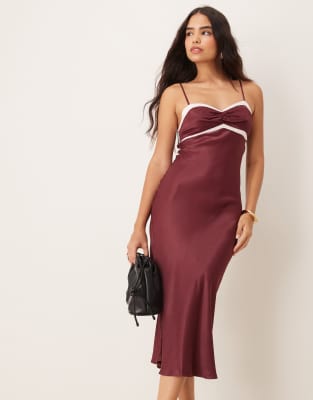 satin contrast bust cup midi dress in burgundy-Red