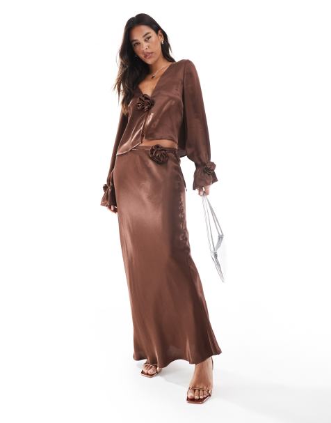ASOS DESIGN satin corsage detail maxi skirt in chocolate