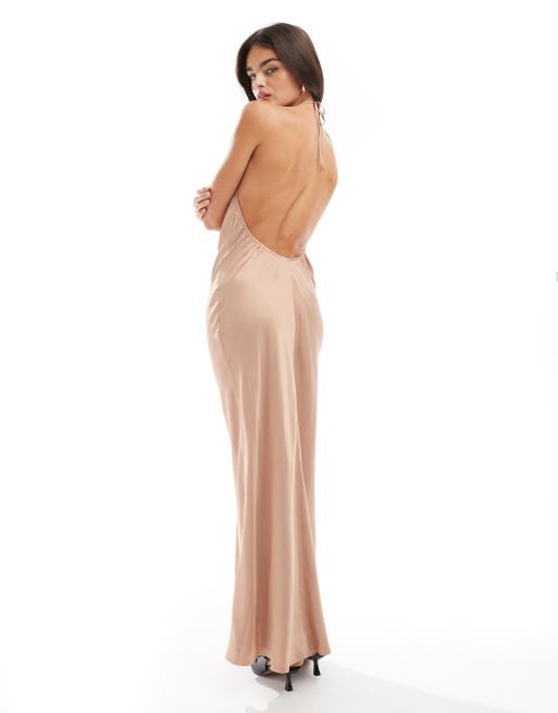 ASOS DESIGN satin corsage halter maxi dress in neutral | ASOS