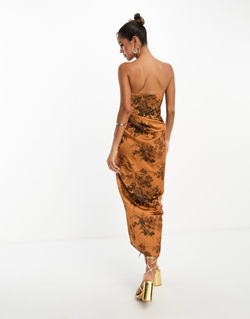 ASOS DESIGN satin corset bandeau midi dress with drape detail in rust floral print