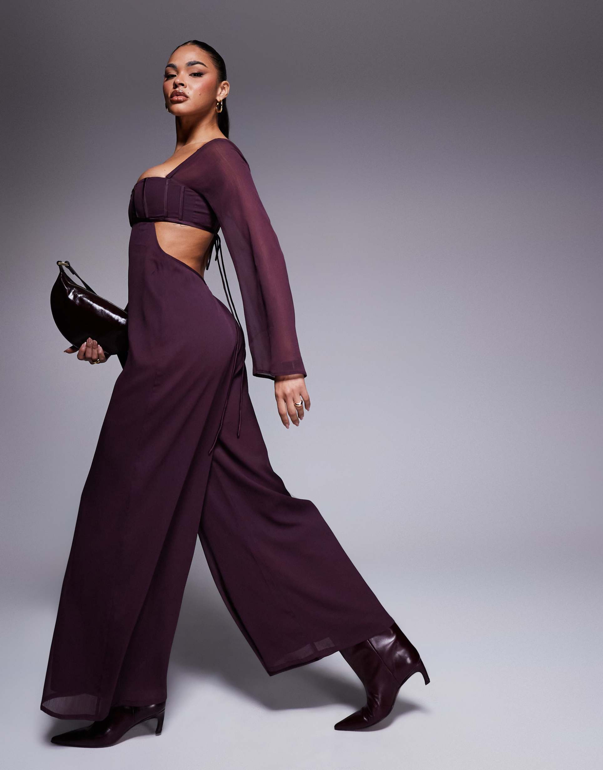 asos design satin corset bust wide leg jumpsuit with cut out in berry