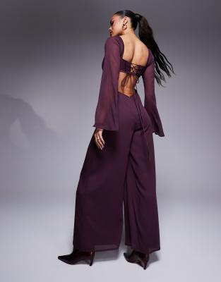 Asos Design Satin Corset Bust Wide Leg Jumpsuit With Cut Out In Purple