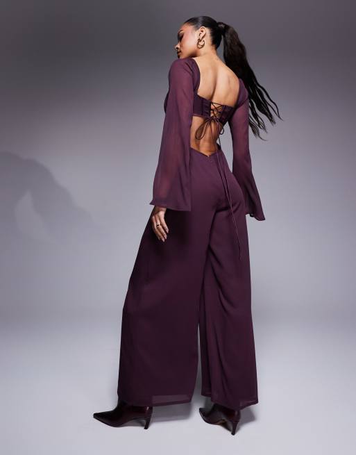 ASOS DESIGN satin corset bust wide leg jumpsuit with cut out in berry