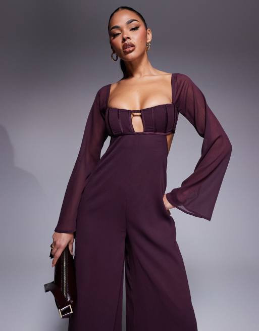 ASOS DESIGN satin corset bust wide leg jumpsuit with cut out in berry
