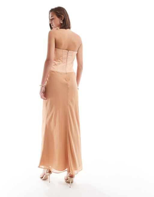 ASOS DESIGN satin corset chiffon skirt maxi dress in camel