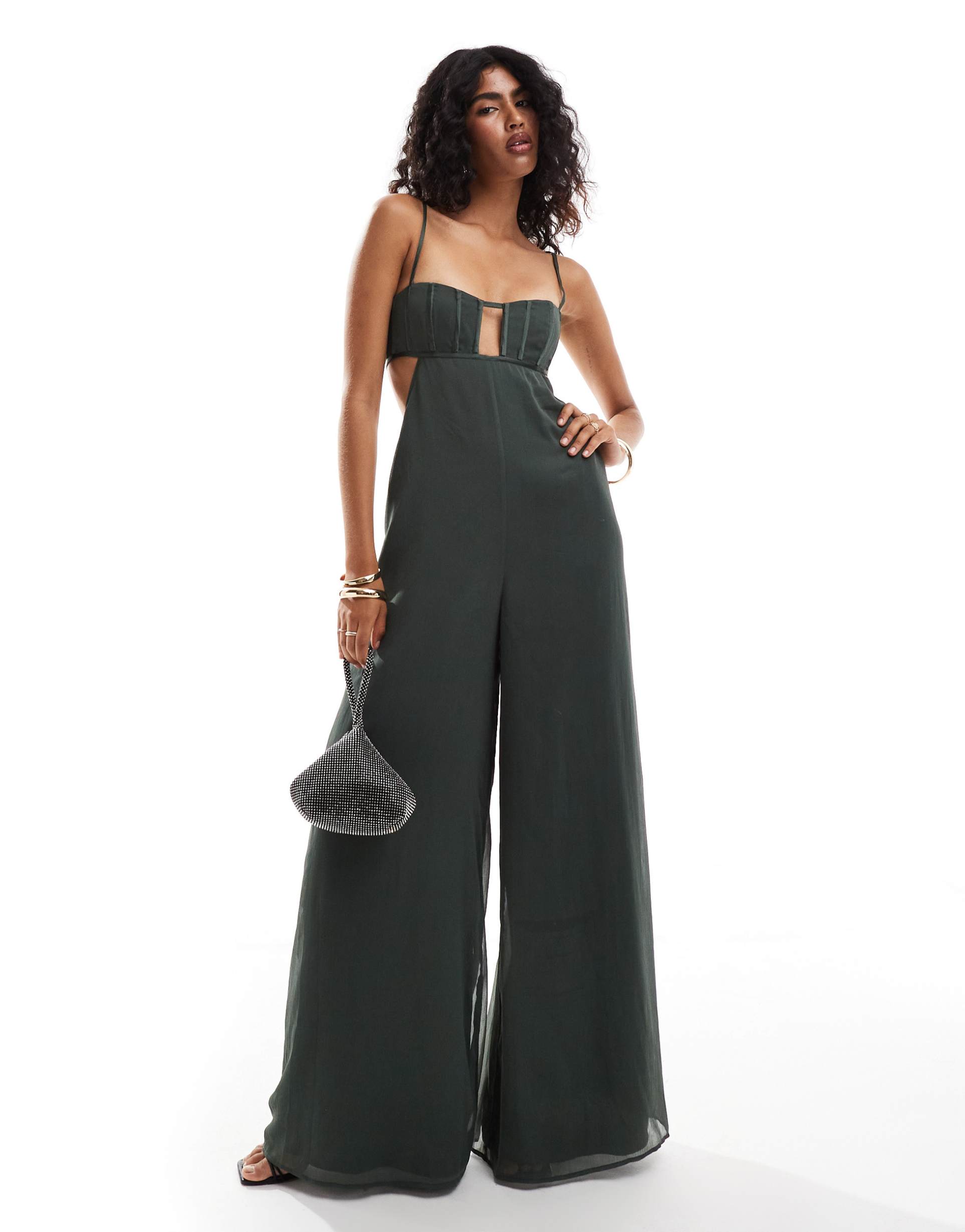 asos design satin corset detail cut out wide leg chiffon jumpsuit in green