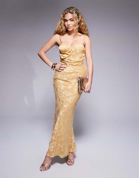 asos gold slip dress Black gown with champagne gold beading – Ricco India main image 1
