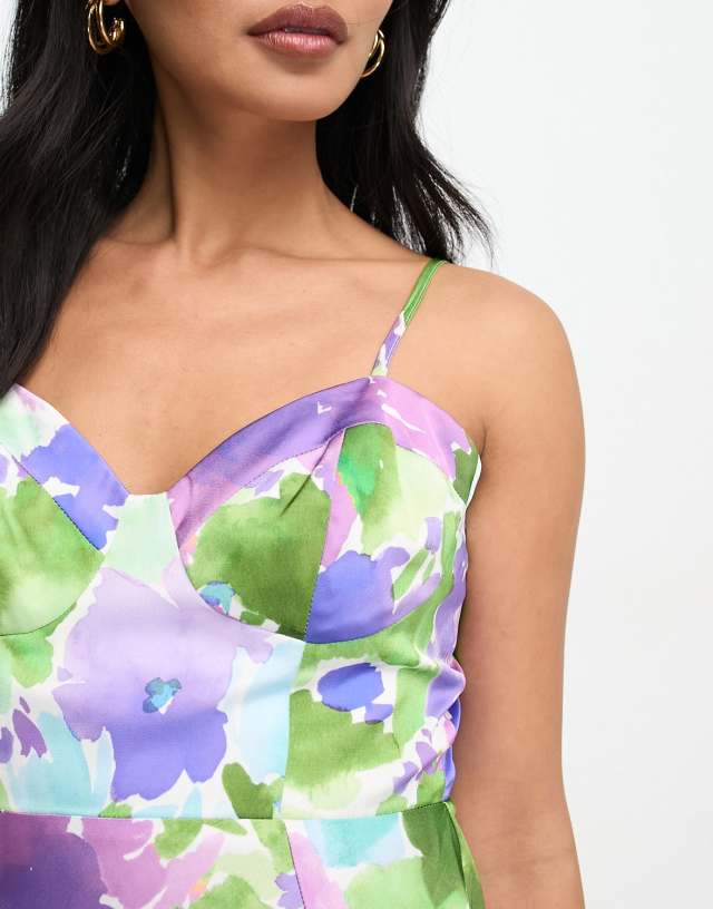 ASOS DESIGN satin corset detail maxi dress in watercolor floral print 0