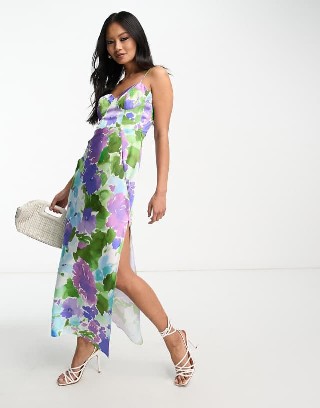 ASOS DESIGN satin corset detail maxi dress in watercolor floral print 2