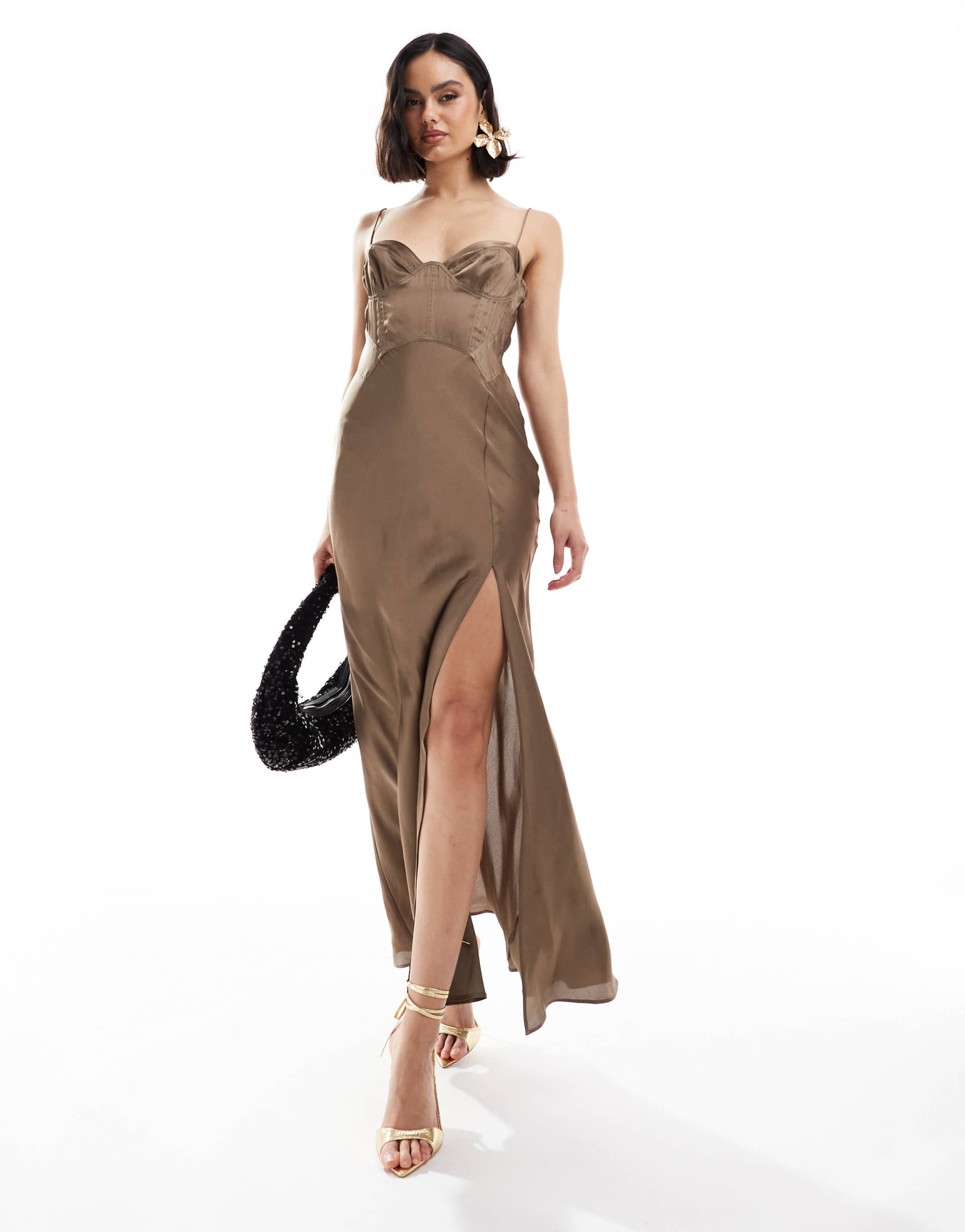 asos design satin corset detail pin tuck bias maxi dress in mink